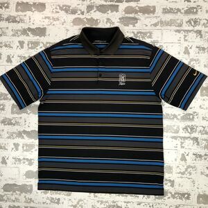 Nike Golf Shirt Mens L TPC Sawgrass Black Blue Yellow Striped Polo Short Sleeve